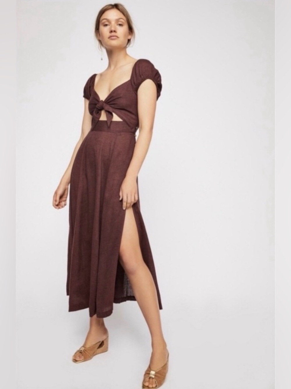 Free People The Getaway Midi Dress in Elm Tie Front Side Buttons Leg Slit Brown